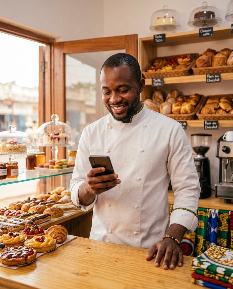 Un pâtissier souriant derrière son comptoir, téléphone en main
